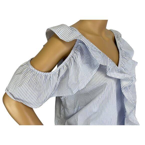 2/$15 NWT Ashley Stewart Ruffle Cold Shoulder Top Blue Striped Size 14 - Picture 7 of 10